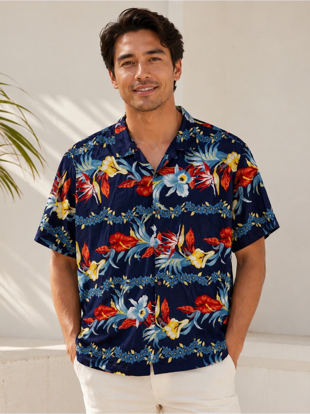 Denim & Flower Ricky Singh Men’s XL Navy Tropical Floral Hawaiian Button Down